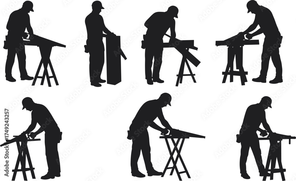 Obraz premium Carpenter silhouettes working with tools at bench, measuring, sawing, sanding, woodworking activities, construction labor, handyman craft vector illustration