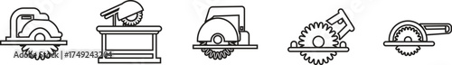 Circular Saw Machine Icon Set and Power Tool Vector Collection Group of Cutting Blade, Electric Grinder, Construction Equipment, Carpentry Tool, Industrial Symbol in Black Line Style