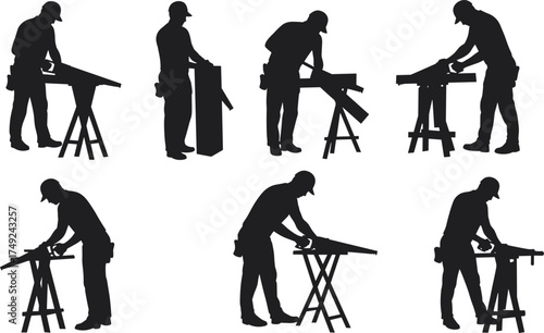 Carpenter silhouettes working with tools at bench, measuring, sawing, sanding, woodworking activities, construction labor, handyman craft vector illustration