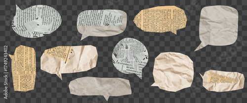 A set of textured paper speech bubbles isolated on transparent background. Vintage dialogue elements made from old crumpled newspaper. for collage art, scrapbooking, comics, retro design