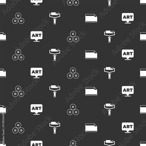 Set Paper adhesive sticker, Speech bubble with text art, Paint spray can and roller brush on seamless pattern. Vector