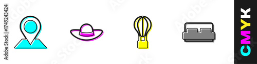 Set Location, Elegant women hat, Hot air balloon and Hotel room bed icon. Vector