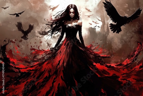 Bloody woman portrait created with artistic composition and striking contrast digital illustration dark eerie