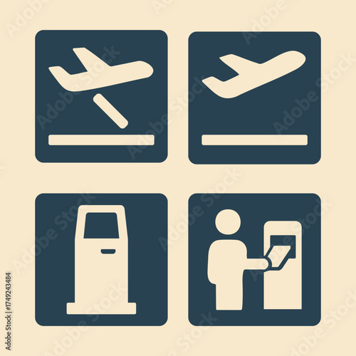 Airport departure self check in and document kiosk icons