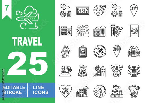 Travel set of web icons in line style. Exclusive travel line icon collection. Containing Airplane, Vaccine, Money, Globe, Clock, Location, Calendar, Building. Editable stroke. Vector illustration.