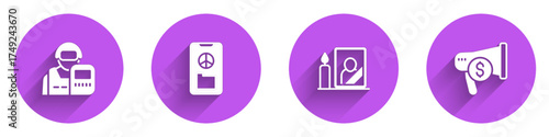 Set Police officer, Peace, Mourning photo frame and Megaphone and dollar icon with long shadow. Vector
