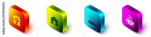 Set Isometric No house, Church building, Donation food and Homeless cardboard icon. Vector