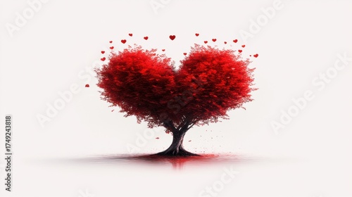 AI-created harmonious minimalist tree with red heart elements, a serene digital illustration shape