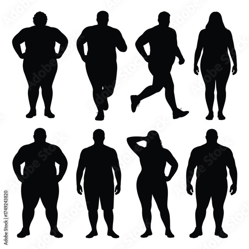Set of eight diverse obesity silhouettes vector illustration scalable eps graphic element silhouette
