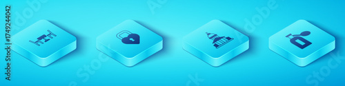Set Isometric French cafe, Castle in the shape of heart, Perfume and Museum building icon. Vector