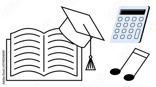 Open book with graduation cap, calculator, and musical notes symbolizing learning, study tools, creativity, and achievement. Ideal for education, knowledge, academia success learning creativity