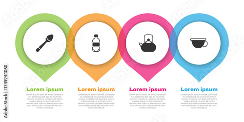 Set Teaspoon, Bottle of water, Kettle with handle and Cup tea. Business infographic template. Vector