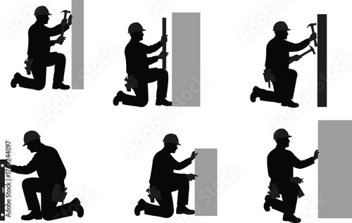 Construction worker silhouettes with hard hat and tool belt performing wall tasks, hammering, leveling, marking, inspecting, carpentry, building, repair, maintenance