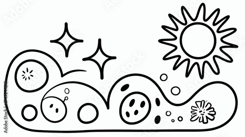 A whimsical line drawing featuring celestial bodies and abstract shapes in a playful composition