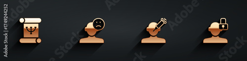 Set Psychology book, Sad and depressed man, bad mood, Addiction to the drug and Closed personality icon with long shadow. Vector