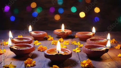 Diya flames with glowing bokeh background during Indian festival