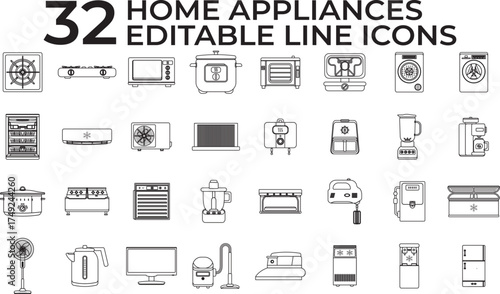 Collection set of editable line icons featuring essential home appliances such as kitchen, laundry, and cleaning devices. Perfect for web design, infographics, UI, apps, and smart home projects.