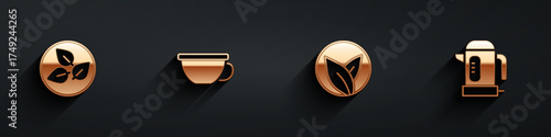 Set Tea leaf, Cup of tea, and Electric kettle icon with long shadow. Vector