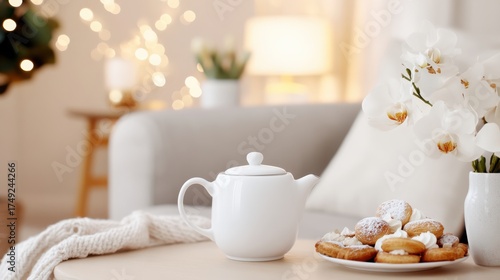 Wallpaper Mural Tea Set and Pastries on a Table, Cozy Home Interior with White Flowers Torontodigital.ca