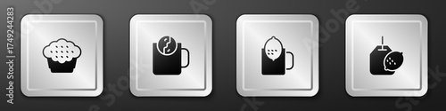 Set Muffin, Tea time, Cup of tea with lemon and bag icon. Silver square button. Vector