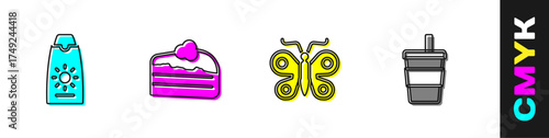 Set Sunscreen cream in tube, Piece of cake, Butterfly and Paper glass with water icon. Vector