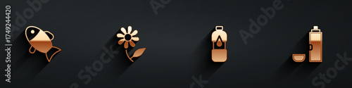 Set Fish, Flower, Bottle of water and Thermos container icon with long shadow. Vector