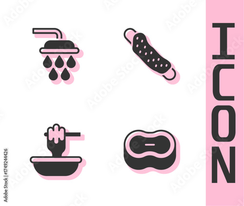 Set Bar of soap, Shower, Honey dipper stick with bowl and Washcloth icon. Vector