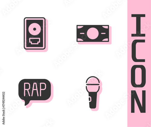 Set Microphone, CD disk award in frame, Rap music and Stacks paper money cash icon. Vector