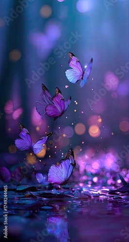 Purple butterflies fluttering in a mystical ethereal environment with bokeh