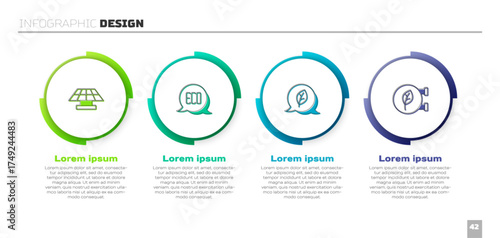Set Solar energy panel, Leaf Eco symbol, and shop. Business infographic template. Vector