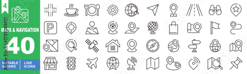 Maps & navigation set of web icons in line style. Exclusive maps & navigation line icon collection. Containing crossroads, cafe, restaurant, target, globe. Editable stroke. Vector illustration.