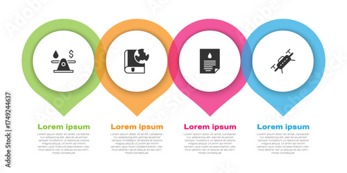 Set Oil money, Earth globe and book, drop document and Drone. Business infographic template. Vector
