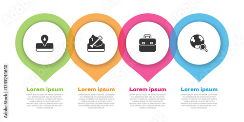 Set Oilfield, Archeology, Briefcase and Magnifying glass with globe. Business infographic template. Vector