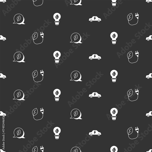 Set Electric car, saving plug in leaf, Leaf Eco symbol and Light bulb with on seamless pattern. Vector