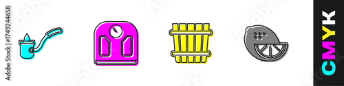 Set Sauna ladle, Bathroom scales, bucket and Lemon icon. Vector