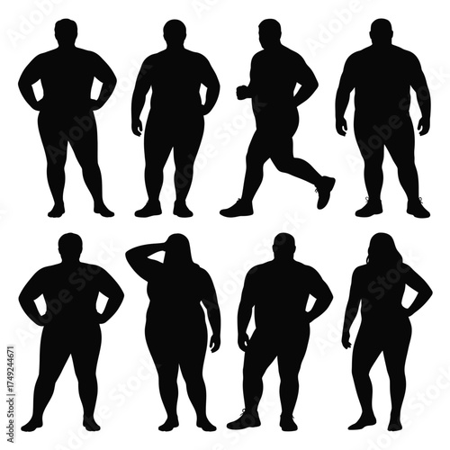 Set of eight black silhouettes of plus size people poses for vector graphics silhouette