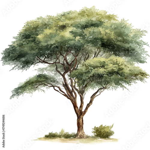 Watercolor Acacia Tree vector, artistic painting style, high-resolution illustration on a pure white background.