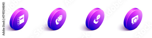 Set Isometric Notebook, Telephone handset with shield, and Speech bubble chat icon. Vector