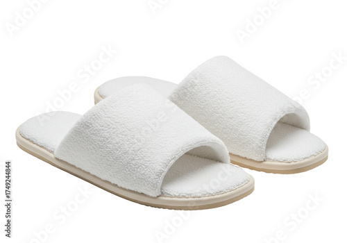 Pair of fluffy white hotel slippers isolated on transparent background, comfortable footwear for spa and relaxation PNG