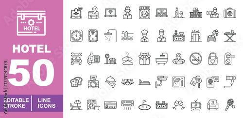 Hotel set of web icons in line style. Exclusive hotel line icon collection. Containing hotel, service, location, laptop, service, washingmachine, dinner, wine, hotel. Editable stroke. Vector 