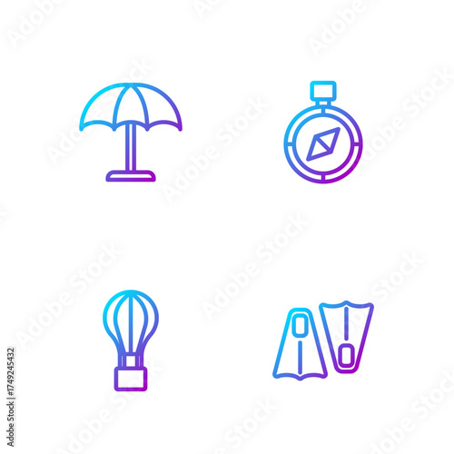 Set line Rubber flippers for swimming, Hot air balloon, Sun protective umbrella and Compass. Gradient color icons. Vector