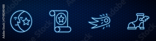 Set line Fireball, Moon and stars, Magic scroll and Hermes sandal. Glowing neon icon on brick wall. Vector