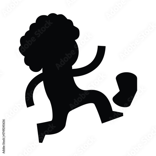 Black silhouette of a person with afro kicking a ball on a white background in a simple illustration vector