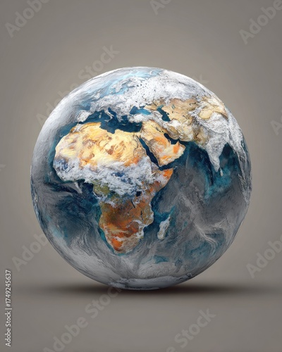 Realistic earth globe rendered in 3 d on a neutral background