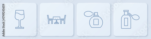 Set line Wine glass, Perfume, French cafe and . White square button. Vector