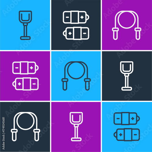 Set line Shovel toy, Jump rope and Battery icon. Vector
