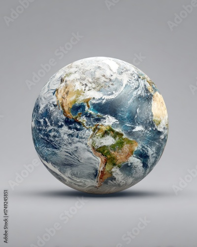 Realistic globe illustration with detailed continents and oceans against neutral background