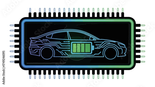 Electric car circuit board with battery outline inside of a microchip on a white background