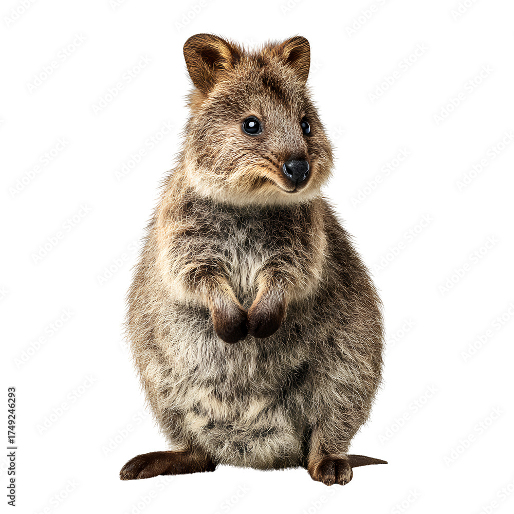 Fototapeta premium Quokka sitting upright with small paws visible, transparent background