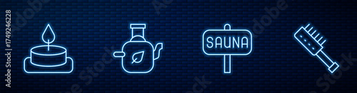 Set line Sauna, Aroma candle, Teapot with leaf and brush. Glowing neon icon on brick wall. Vector